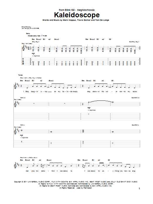 Blink-182 Kaleidoscope sheet music notes and chords. Download Printable PDF.