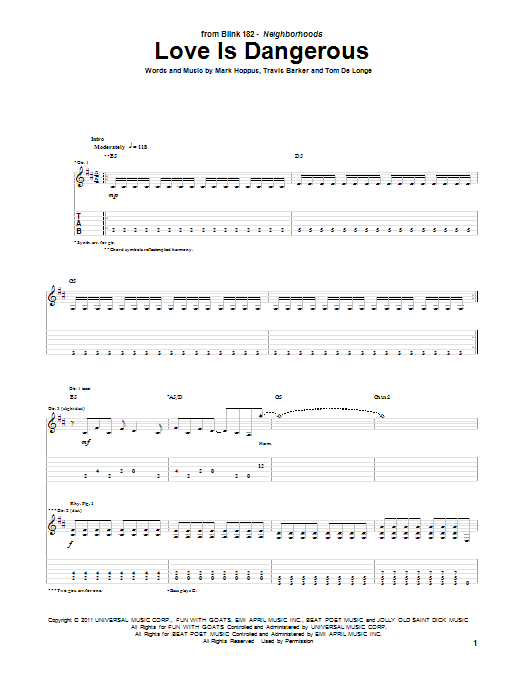 Blink-182 Love Is Dangerous sheet music notes and chords. Download Printable PDF.