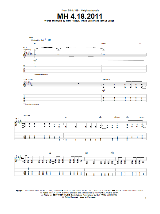 Blink-182 MH 4.18.2011 sheet music notes and chords. Download Printable PDF.