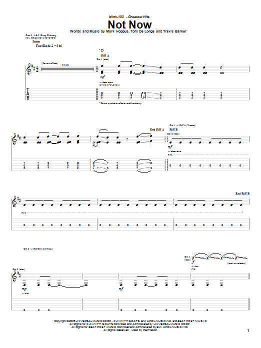 Blink-182 Not Now sheet music notes and chords. Download Printable PDF.