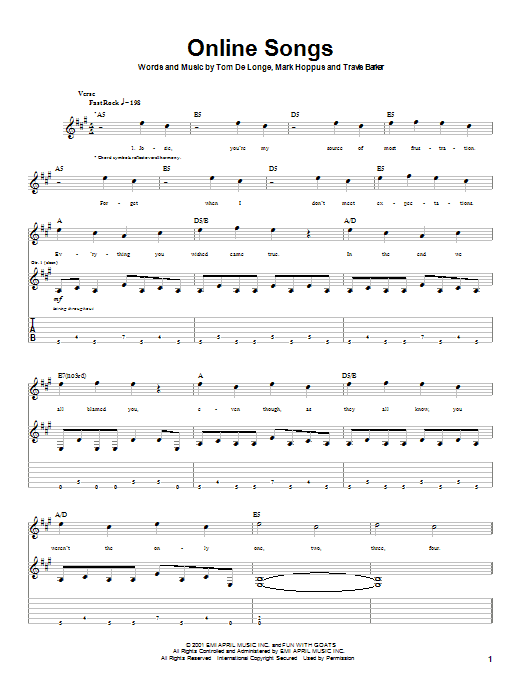 Blink-182 Online Songs sheet music notes and chords. Download Printable PDF.