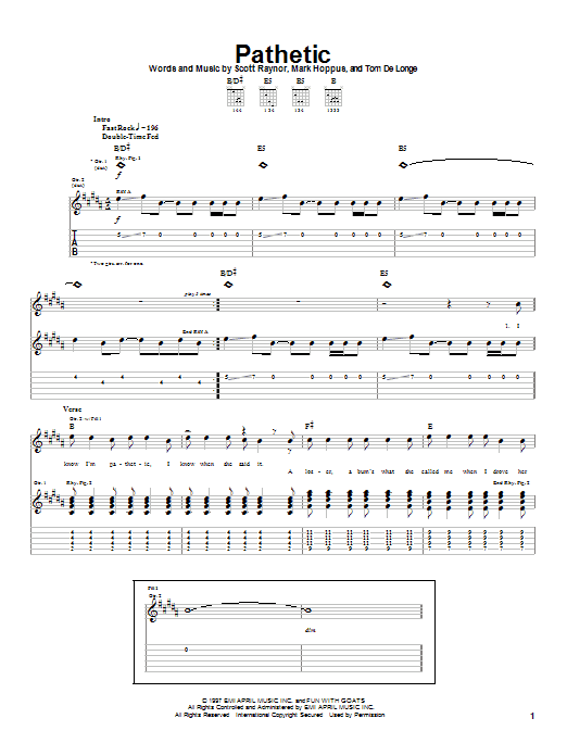 Blink-182 Pathetic sheet music notes and chords. Download Printable PDF.