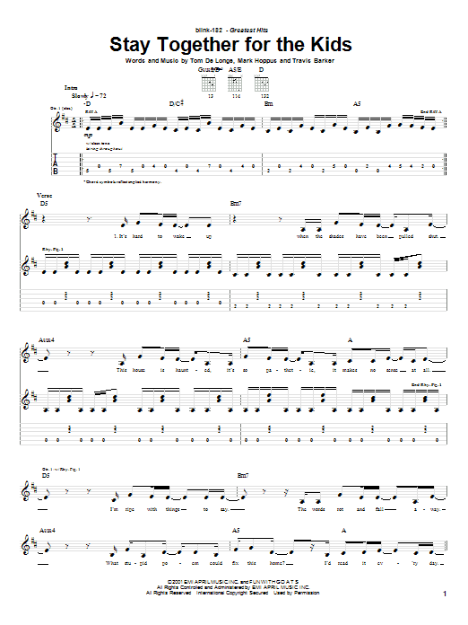 Learn to play Blink-182 Stay Together For The Kids sheet music for Guitar Tab in minutes. Blink-182 Stay Together For The Kids sheet music notes and chords. Download Printable PDF.