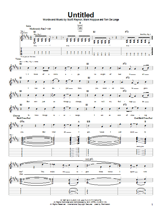 Learn to play Blink-182 Untitled sheet music for Guitar Tab in minutes. Blink-182 Untitled sheet music notes and chords. Download Printable PDF.