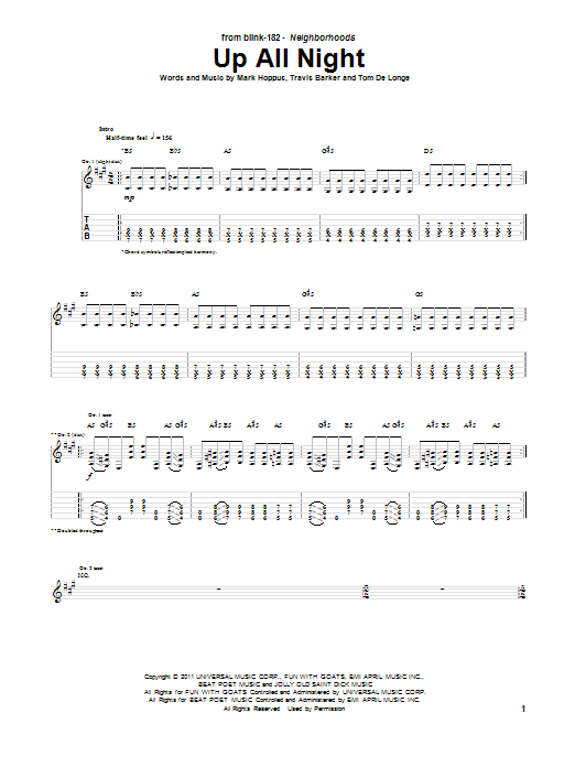 Blink-182 Up All Night sheet music notes and chords. Download Printable PDF.