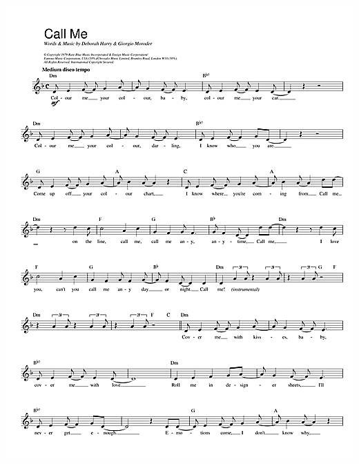 Blondie Call Me sheet music notes and chords. Download Printable PDF.