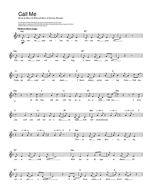 Learn to play Blondie Call Me sheet music for Guitar Tab in minutes. Blondie Call Me sheet music notes and chords. Download Printable PDF.