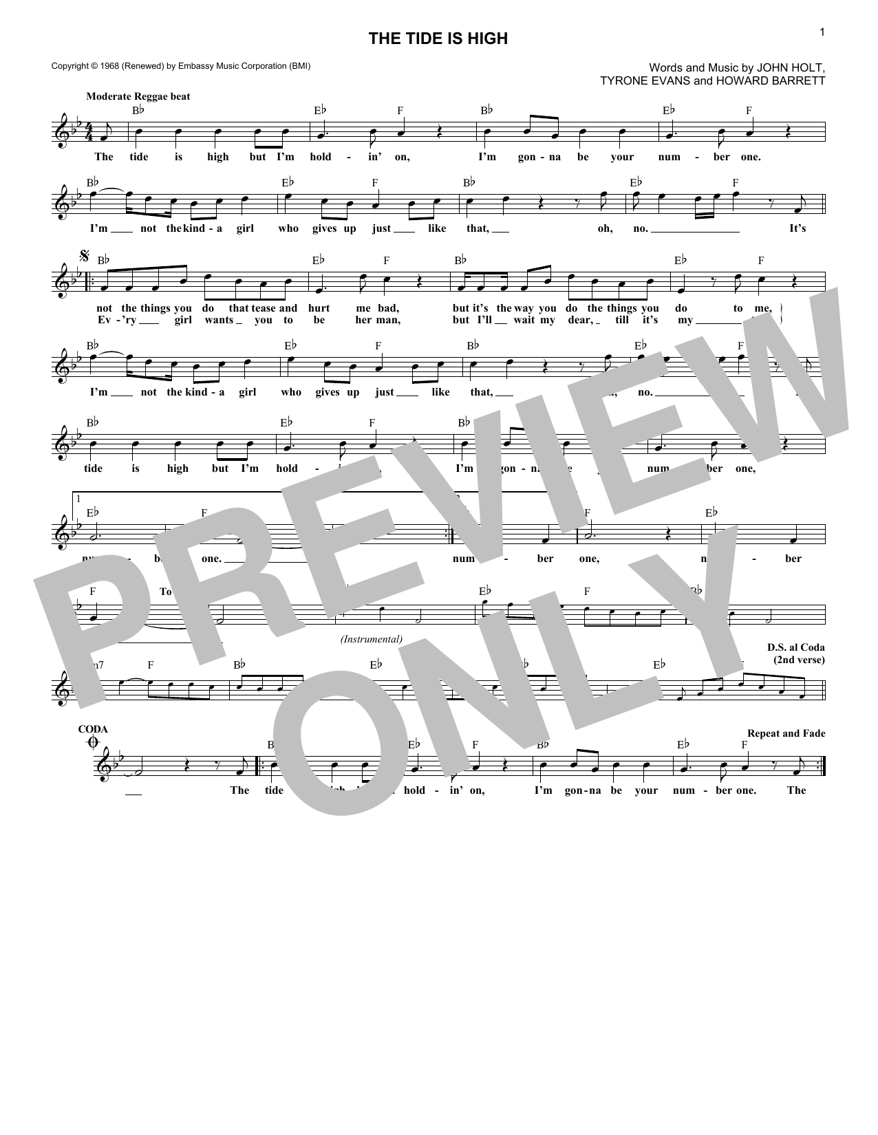 Blondie The Tide Is High sheet music notes and chords. Download Printable PDF.