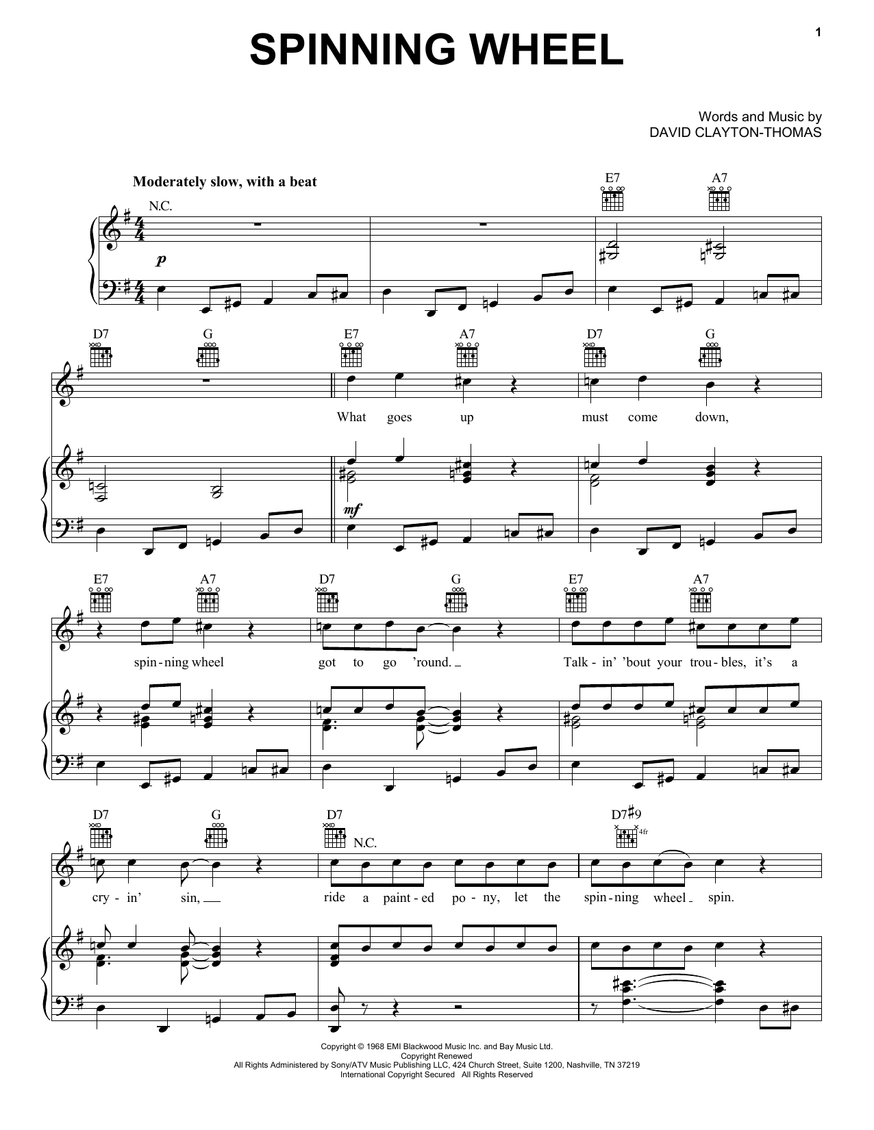 Preview Blood, Sweat & Tears Spinning Wheel Rock sheet music, notes and chords for Piano, Vocal & Guitar (Right-Hand Melody), SKU: 16433 sheet music, piano notes, chords, guitar tabs, score, transpose, transcribe, how to play, guide, download, learn, tutorial, progression, song, artist, awards, billboard, mtv, vh1, tour, single, album, release