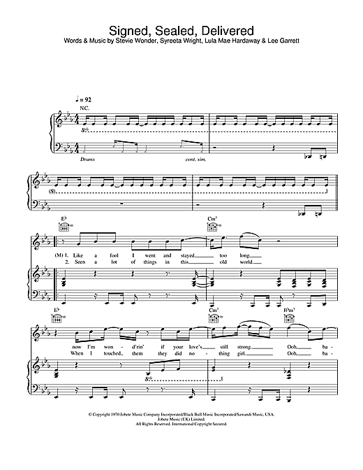 Preview Blue Signed, Sealed, Delivered (feat. Stevie Wonder) Pop sheet music, notes and chords for Piano, Vocal & Guitar, SKU: 26084 sheet music, piano notes, chords, guitar tabs, score, transpose, transcribe, how to play, guide, download, learn, tutorial, progression, song, artist, awards, billboard, mtv, vh1, tour, single, album, release