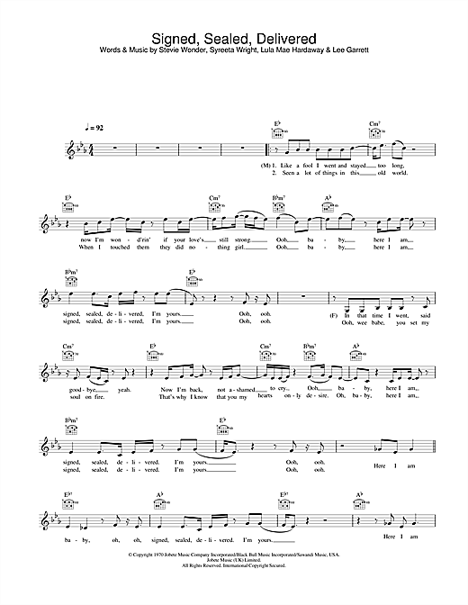 Learn to play Blue Signed, Sealed, Delivered (feat. Stevie Wonder) sheet music for Lead Sheet / Fake Book in minutes. Blue Signed, Sealed, Delivered (feat. Stevie Wonder) sheet music notes and chords. Download Printable PDF.