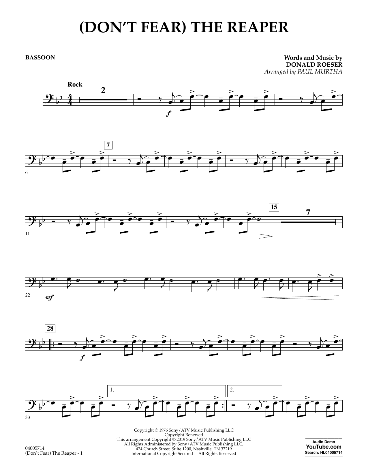 Blue Oyster Cult Don T Fear The Reaper Arr Paul Murtha Bassoon Sheet Music Pdf Notes Chords Pop Score Concert Band Download Printable Sku Blue Oyster Cult Don T Fear The Reaper Arr Paul Murtha Bassoon Sheet Music Pdf Notes Chords Pop Score Concert Band Download Printable Sku