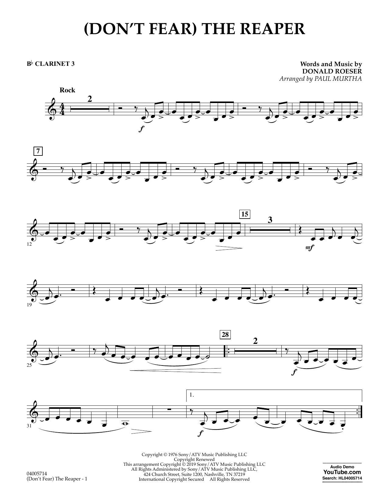 Blue Oyster Cult Don T Fear The Reaper Arr Paul Murtha Clarinet 3 Sheet Music Pdf Notes Chords Pop Score Concert Band Download Printable Sku