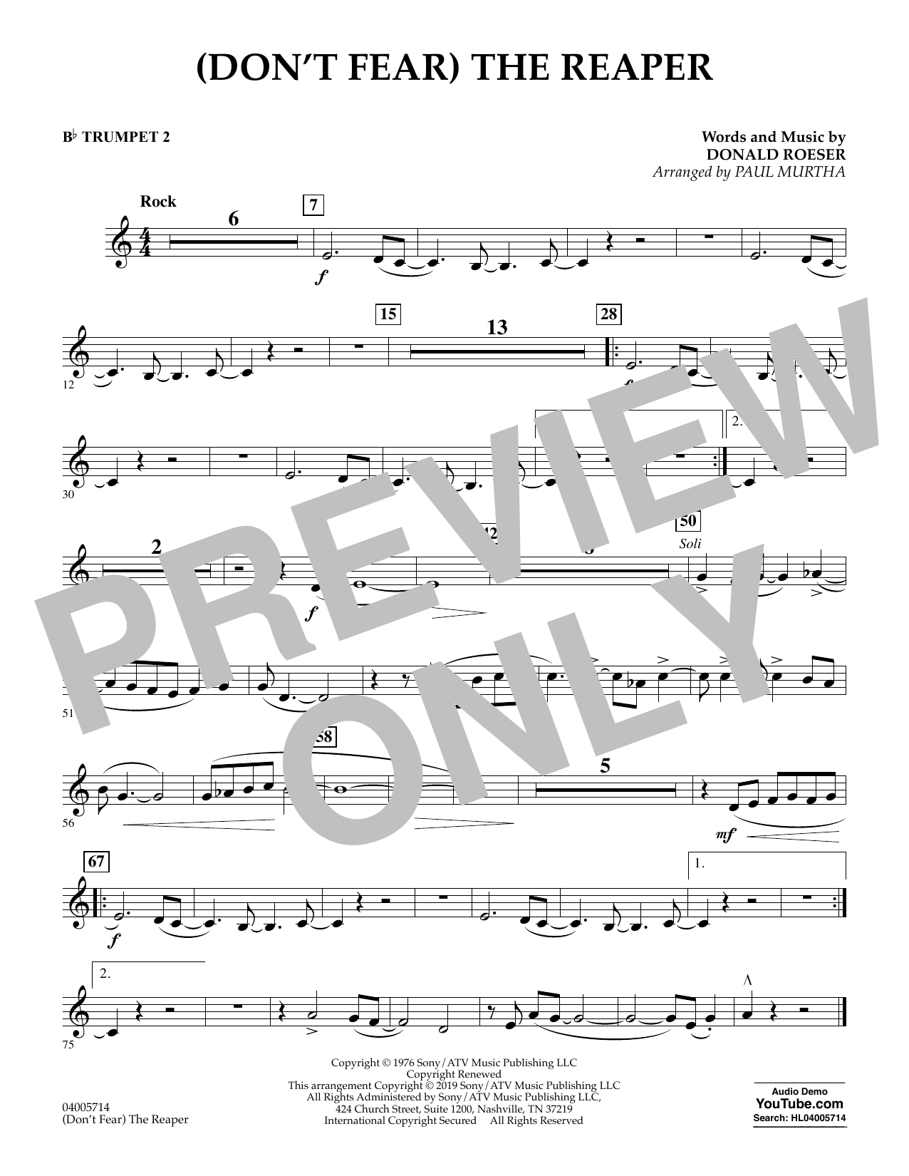 Blue Oyster Cult Don T Fear The Reaper Arr Paul Murtha Trumpet 2 Sheet Music Pdf Notes Chords Pop Score Concert Band Download Printable Sku