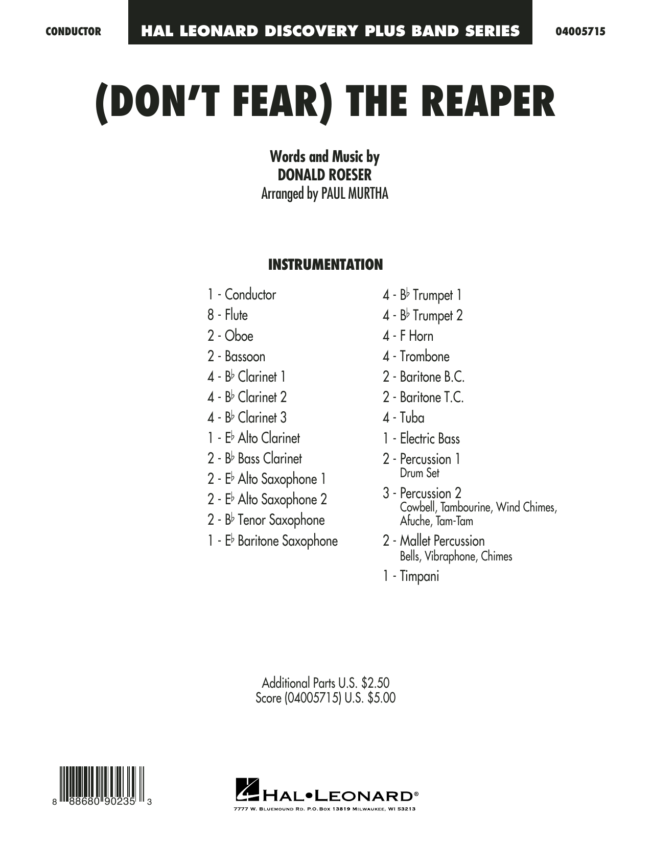 Blue Oyster Cult Don T Fear The Reaper Arr Paul Murtha Conductor Score Full Score Sheet Music Pdf Notes Chords Pop Score Concert Band Download Printable Sku