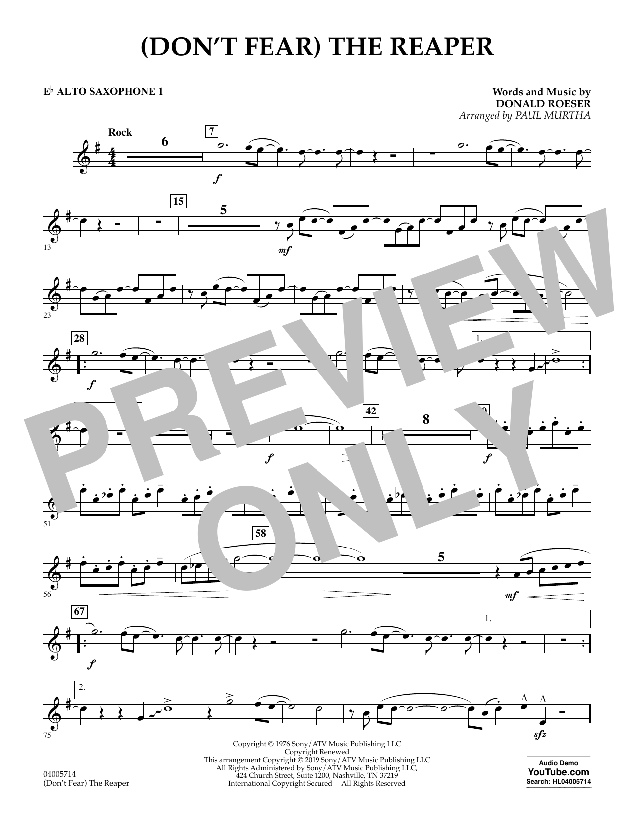 Blue Oyster Cult Don T Fear The Reaper Arr Paul Murtha Eb Alto Saxophone 1 Sheet Music Pdf Notes Chords Pop Score Concert Band Download Printable Sku