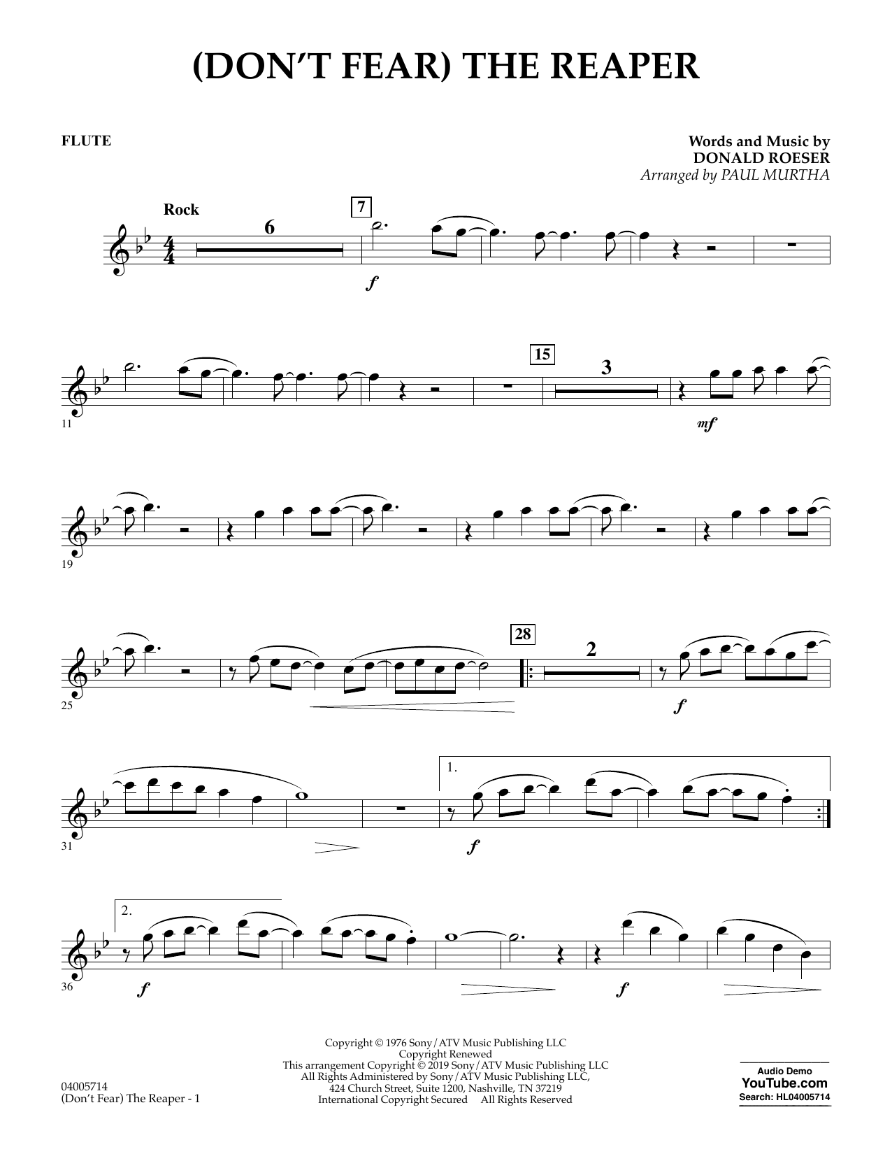 Blue Oyster Cult Don T Fear The Reaper Arr Paul Murtha Flute Sheet Music Pdf Notes Chords Pop Score Concert Band Download Printable Sku