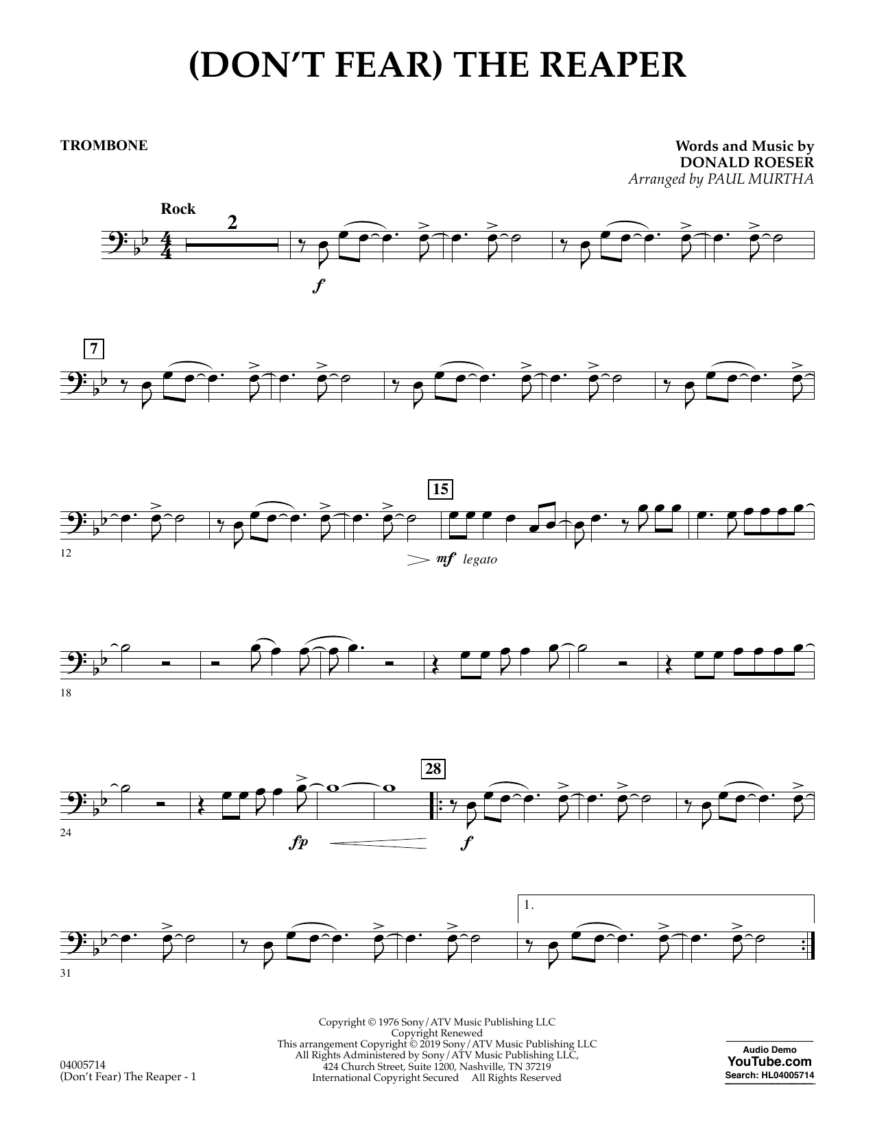 Blue Oyster Cult Don T Fear The Reaper Arr Paul Murtha Trombone Sheet Music Pdf Notes Chords Pop Score Concert Band Download Printable Sku 406611