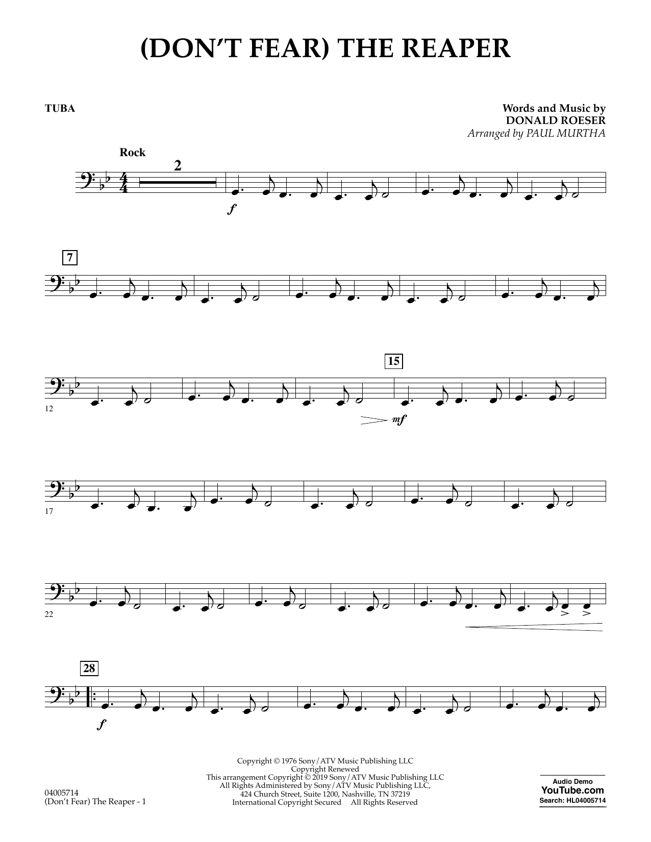 Blue Oyster Cult Don T Fear The Reaper Arr Paul Murtha Tuba Sheet Music Pdf Notes Chords Pop Score Concert Band Download Printable Sku