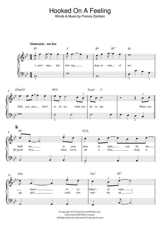 Blue Swede "Hooked On A Feeling" Sheet Music Notes, Chords | Score Beginner Piano Download Printable. SKU: 120022