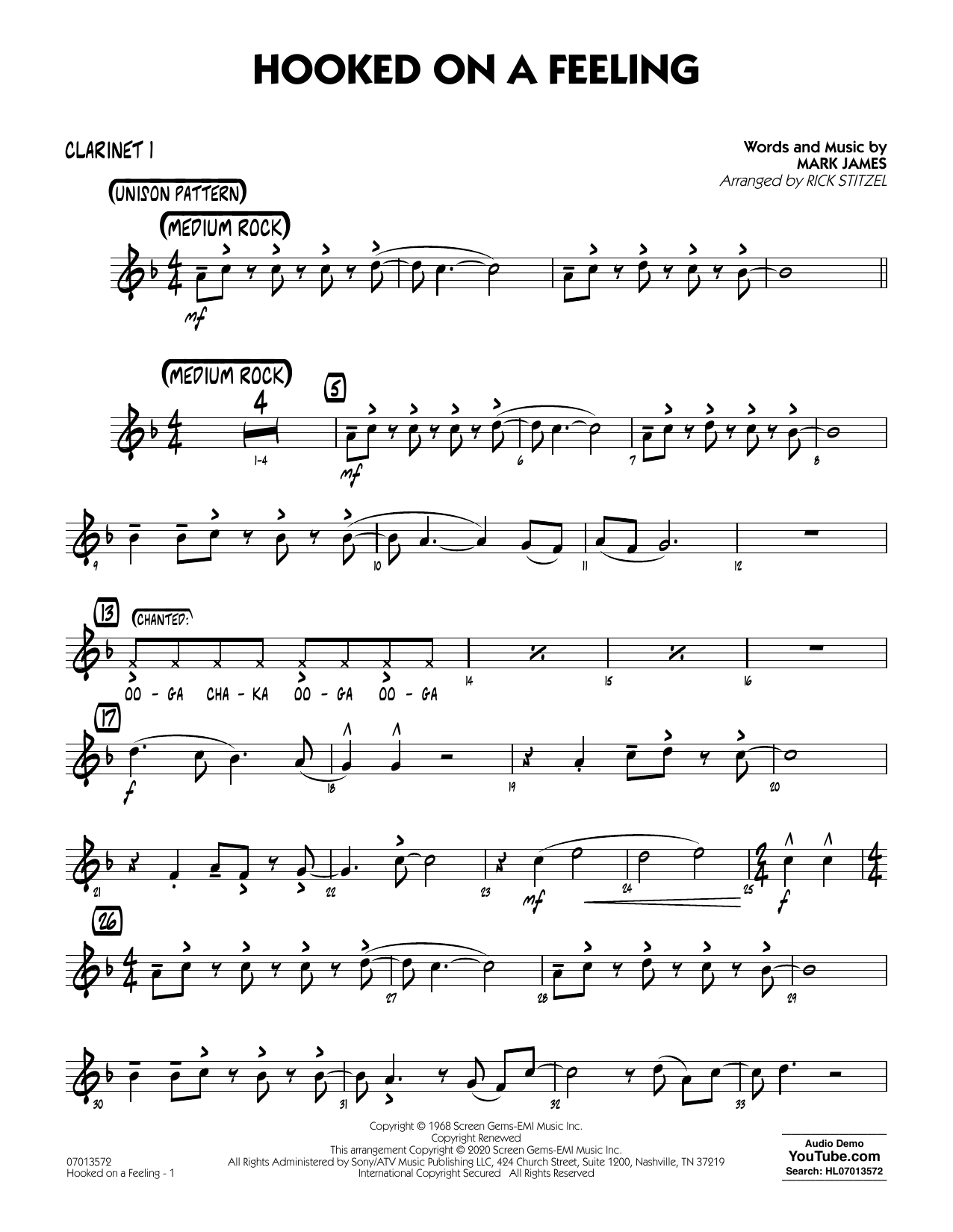 Blue Swede "Hooked On A Feeling (arr. Rick Stitzel) Bb Clarinet 1" Sheet Music PDF Notes, Chords | Film/TV Score Jazz Ensemble Printable. 434048