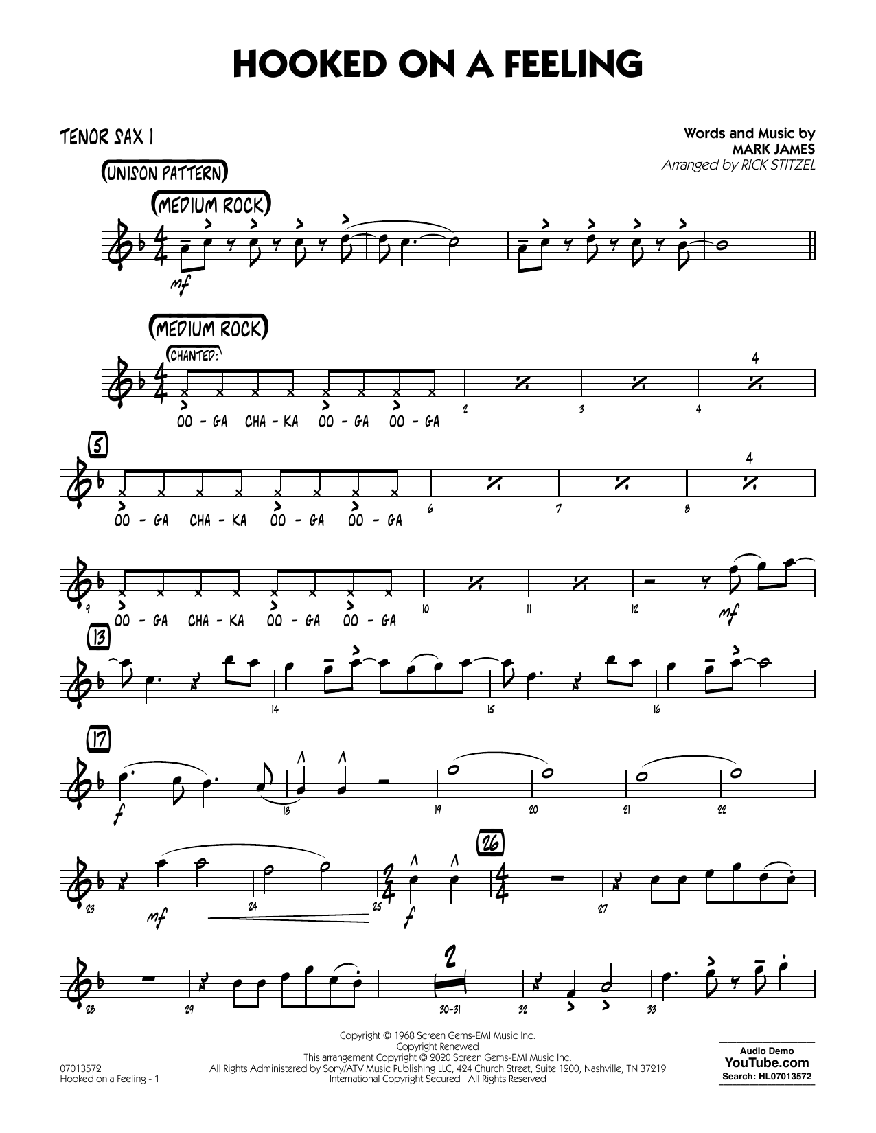 Blue Swede "Hooked On A Feeling (arr. Rick Stitzel) - Tenor Sax 1" Sheet Music PDF Notes, Chords | Film/TV Jazz Download Printable. SKU: 434018