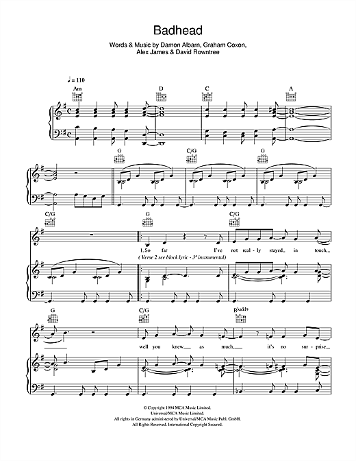 Blur Badhead sheet music notes and chords. Download Printable PDF.