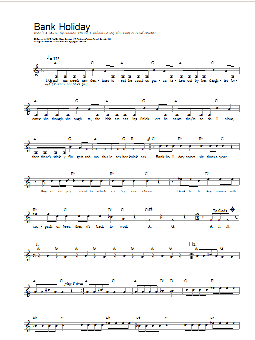 Blur Bank Holiday sheet music notes and chords. Download Printable PDF.