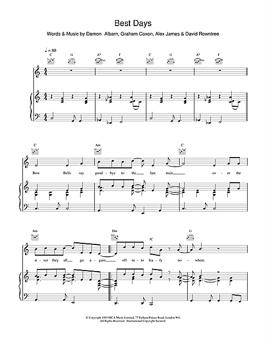 Blur Best Days sheet music notes and chords. Download Printable PDF.