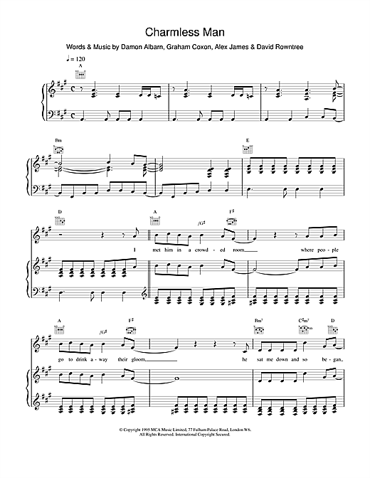 Blur Charmless Man sheet music notes and chords. Download Printable PDF.