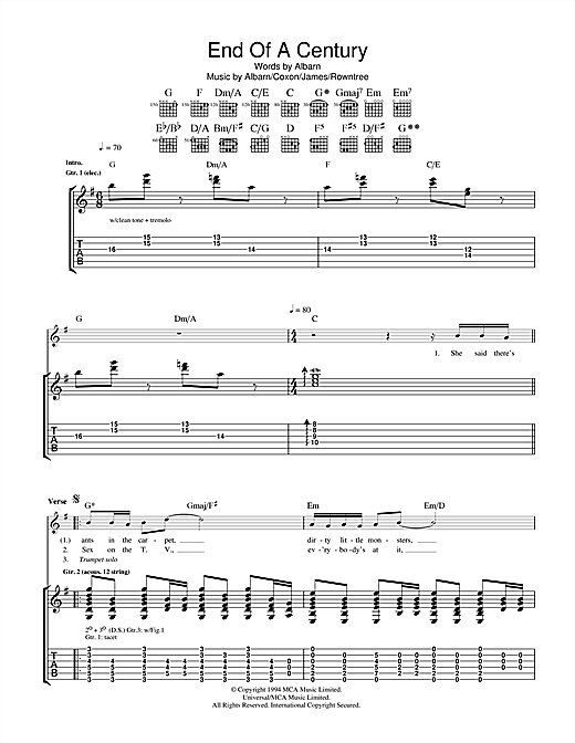 Blur End Of A Century sheet music notes and chords. Download Printable PDF.