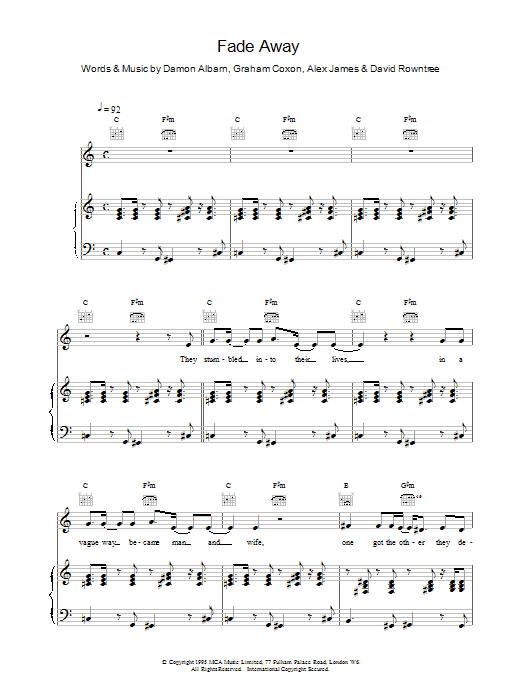Blur Fade Away sheet music notes and chords. Download Printable PDF.
