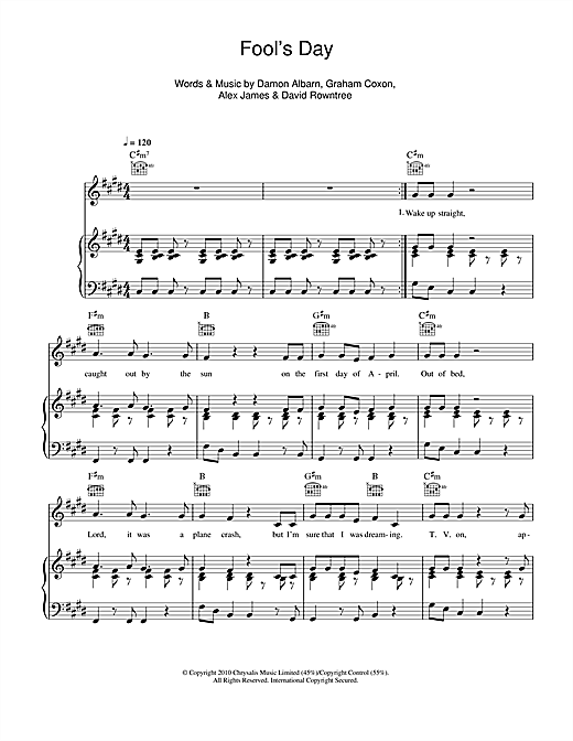 Blur Fool's Day sheet music notes and chords. Download Printable PDF.