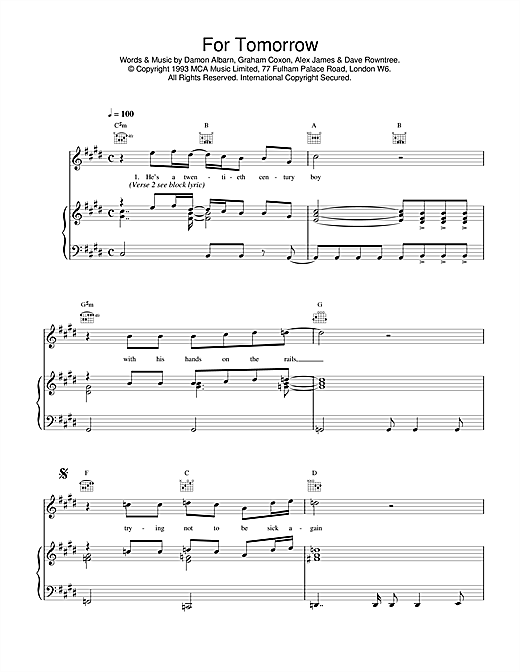 Preview Blur For Tomorrow Pop sheet music, notes and chords for Piano, Vocal & Guitar (Right-Hand Melody), SKU: 17005 sheet music, piano notes, chords, guitar tabs, score, transpose, transcribe, how to play, guide, download, learn, tutorial, progression, song, artist, awards, billboard, mtv, vh1, tour, single, album, release
