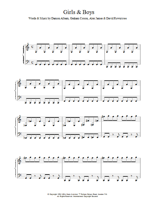 Blur Girls And Boys sheet music notes and chords. Download Printable PDF.
