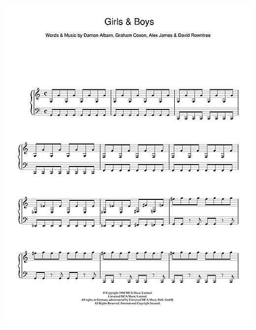 Blur Girls And Boys sheet music notes and chords. Download Printable PDF.