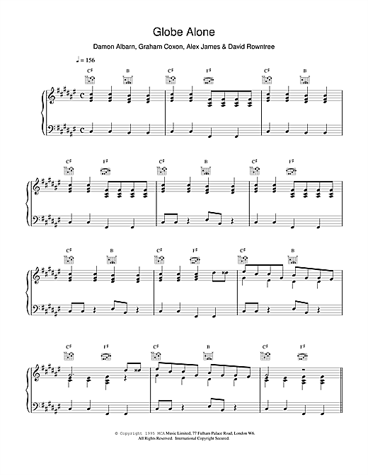 Preview Blur Globe Alone Pop sheet music, notes and chords for Piano, Vocal & Guitar (Right-Hand Melody), SKU: 15240 sheet music, piano notes, chords, guitar tabs, score, transpose, transcribe, how to play, guide, download, learn, tutorial, progression, song, artist, awards, billboard, mtv, vh1, tour, single, album, release