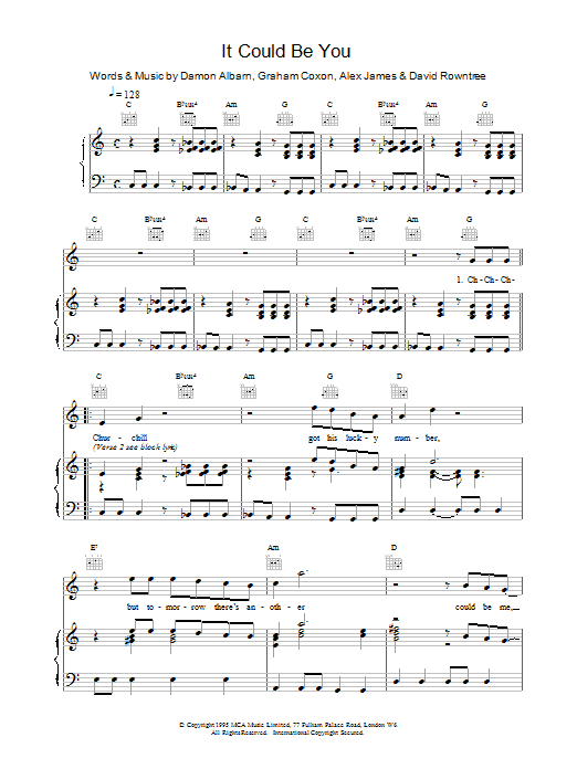 Blur It Could Be You sheet music for Piano, Vocal & Guitar (Right-Hand Melody) in minutes. Price: 7.8900$ Blur It Could Be You sheet music notes and chords. Download Printable PDF.