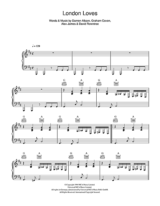 Blur London Loves sheet music notes and chords. Download Printable PDF.