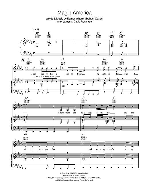 Blur Magic America sheet music notes and chords. Download Printable PDF.