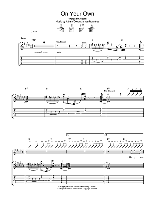 Blur On Your Own sheet music notes and chords. Download Printable PDF.