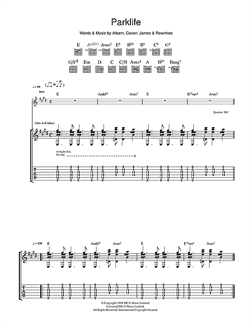 Blur Parklife sheet music notes and chords. Download Printable PDF.
