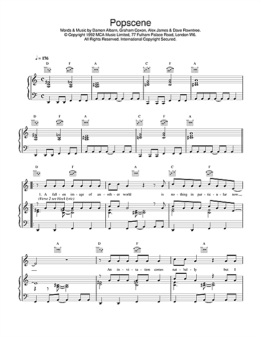 Preview Blur Popscene Pop sheet music, notes and chords for Piano, Vocal & Guitar (Right-Hand Melody), SKU: 17007 sheet music, piano notes, chords, guitar tabs, score, transpose, transcribe, how to play, guide, download, learn, tutorial, progression, song, artist, awards, billboard, mtv, vh1, tour, single, album, release
