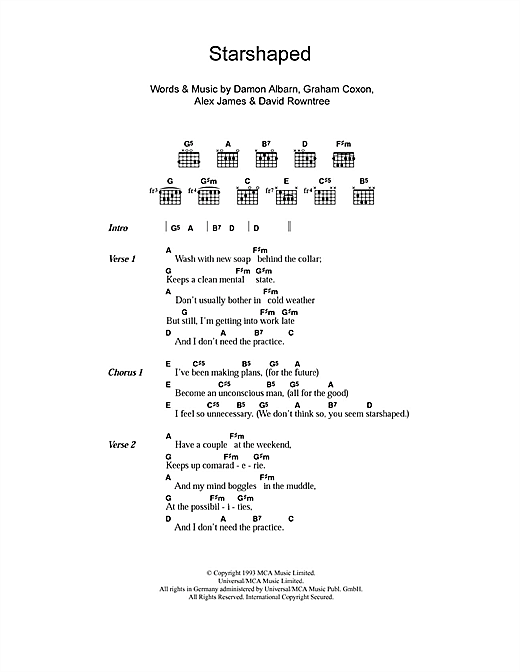 Learn to play Blur Starshaped sheet music for Guitar Chords/Lyrics in minutes. Blur Starshaped sheet music notes and chords. Download Printable PDF.