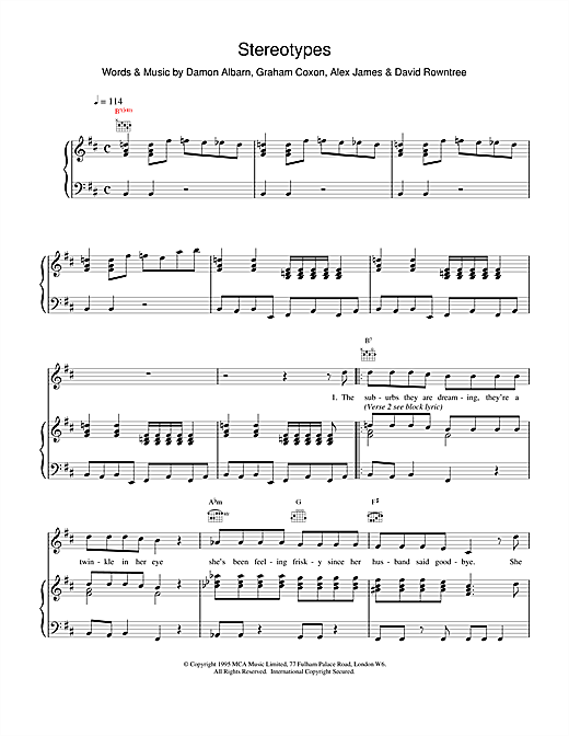 Blur Stereotypes sheet music notes and chords. Download Printable PDF.