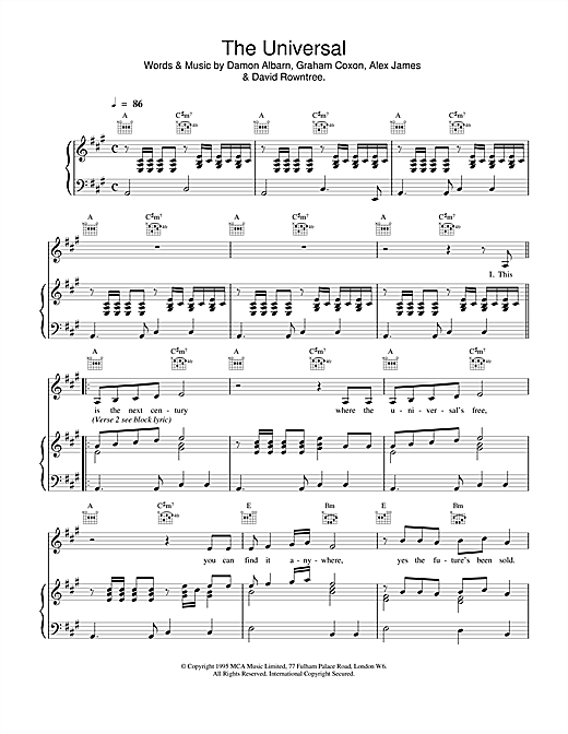 Blur The Universal sheet music notes and chords. Download Printable PDF.