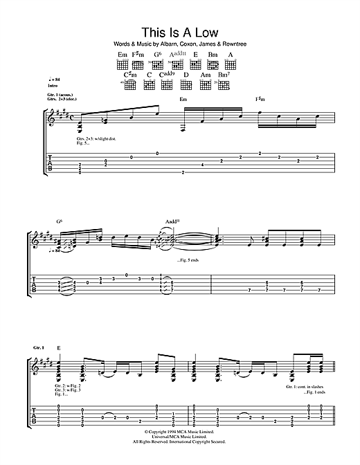 Blur This Is A Low sheet music notes and chords. Download Printable PDF.