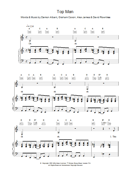 Blur Top Man sheet music notes and chords. Download Printable PDF.