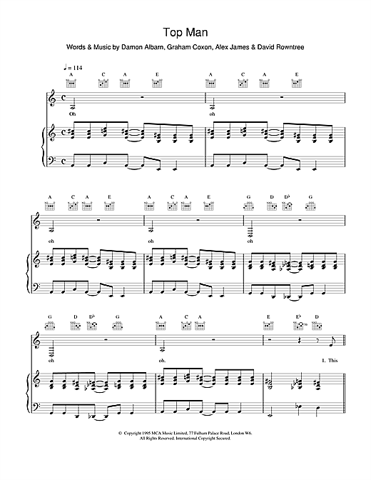 Blur Top Man sheet music notes and chords. Download Printable PDF.