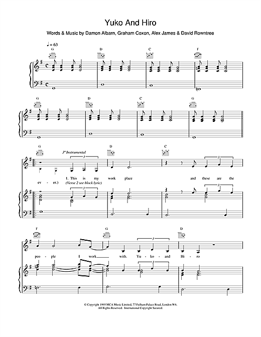 Blur Yuko and Hiro sheet music notes and chords. Download Printable PDF.